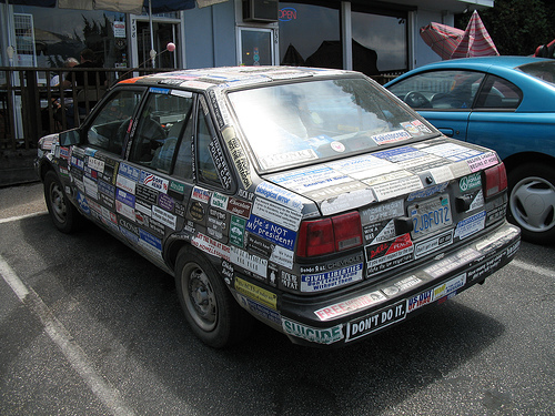 car with many bumper stickers